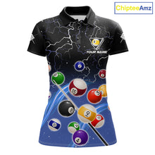 Load image into Gallery viewer, Blue grim reaper lightning 9 ball billiard polo shirt for women with custom pool team graphics.