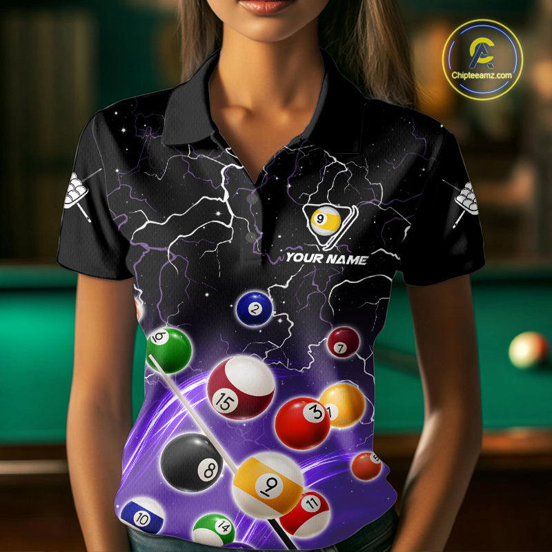 Woman wearing a purple grim reaper lightning 9 ball billiard jersey beside a pool table front view.