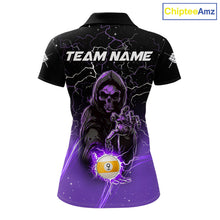 Load image into Gallery viewer, Purple grim reaper lightning 9 ball billiard polo shirt for women with custom pool team graphics.