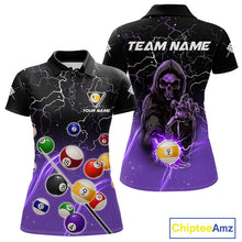 Load image into Gallery viewer, Purple grim reaper lightning 9 ball billiard polo shirt for women with custom pool team graphics.
