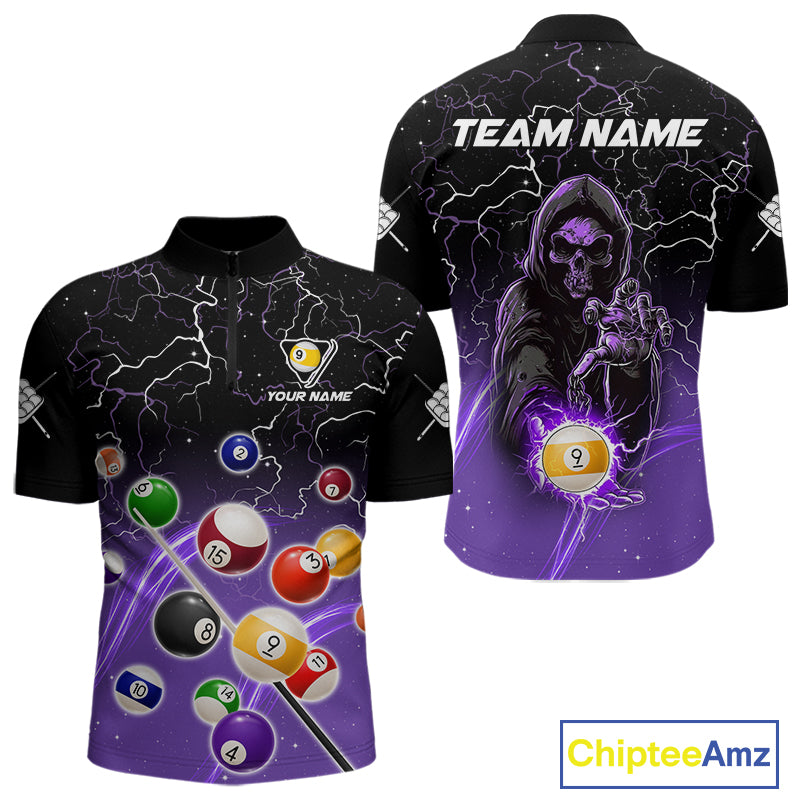 Purple grim reaper lightning 9 ball billiard quarter zip shirt for men designed for league tournaments and team events.