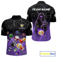Load image into Gallery viewer, Purple grim reaper lightning 9 ball billiard quarter zip shirt for men designed for league tournaments and team events.