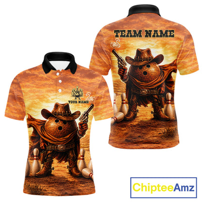 Personalized funny cowboy bowling ball bowling team jersey polo shirt for men featuring a funny cowboy bowling ball design, premium custom bowling team apparel and unique gift for bowlers.