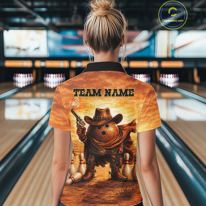 Woman wearing personalized funny cowboy bowling ball bowling team jersey polo shirt featuring cowboy bowling ball artwork, back view.