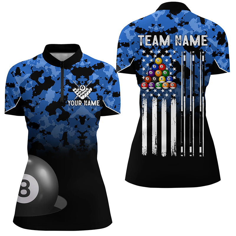 8 Ball Pool Blue Camo Custom Billiard Shirts For Women, Patriotic US Flag Billiard Team Jerseys TDM2313