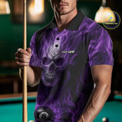 Purple Flaming Skull 8 Ball Fire Billiard Shirt For Men Custom Billiard Team Jersey Polo & 1/4 Zip TDM5062