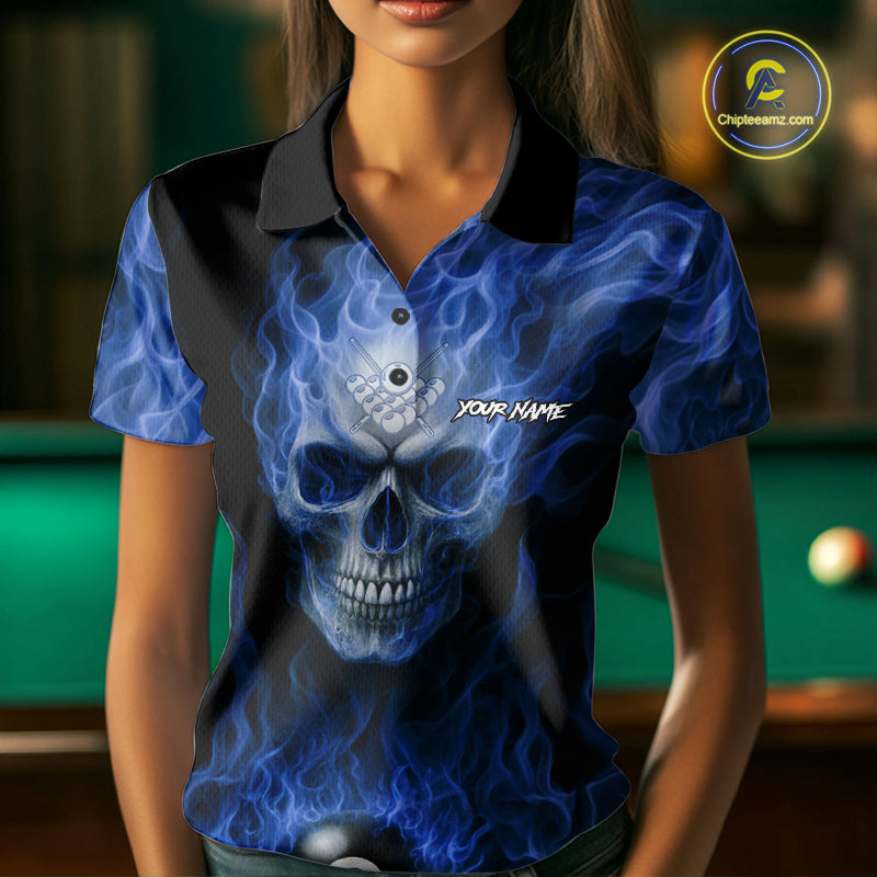 Blue Flaming Skull 8 Ball Fire Billiard Shirt For Women Custom Billiard Team Jersey Polo & 1/4 Zip TDM5063