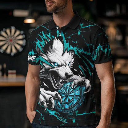 Personalized Wolf Lightning Darts Polo & Quarter Zip Custom Men Dart Shirts Darts Jersey |Turquoise TDM3772