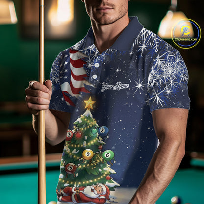 Funny Santa Christmas Billiard Shirts For Men Custom US Flag Xmas Pine Tree Pool Team Shirt TDM5289