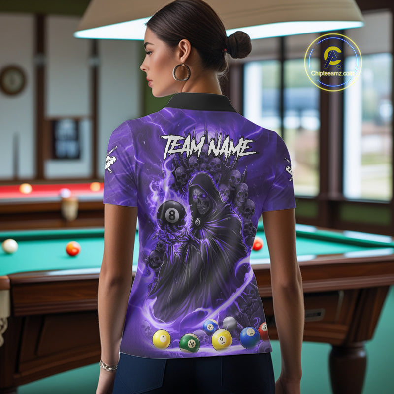 Purple Grim Reaper Lightning Billiard Shirt For Women Custom 8 Ball Pool Jersey Team Polo & 1/4 Zip TDM5293