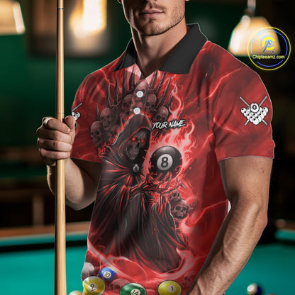Red Grim Reaper Lightning Billiard Shirt For Men Custom 8 Ball Pool Jersey Team Polo & 1/4 Zip TDM5294