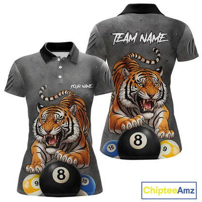 Funny Tiger 8 Ball, 9 Ball & 10 Ball Billiard Shirt For Women Custom Pool Team Jersey | Grey TDM5540