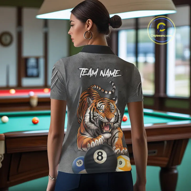 Funny Tiger 8 Ball, 9 Ball & 10 Ball Billiard Shirt For Women Custom Pool Team Jersey | Grey TDM5540