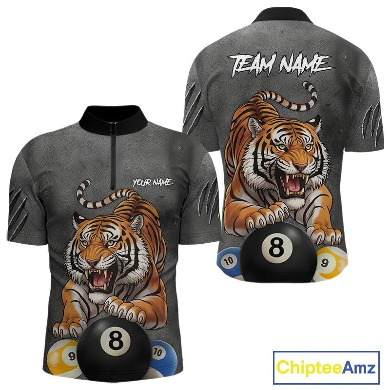 Funny Tiger 8 Ball, 9 Ball & 10 Ball Billiard Shirt For Men Custom Pool Team Jersey | Grey TDM5540
