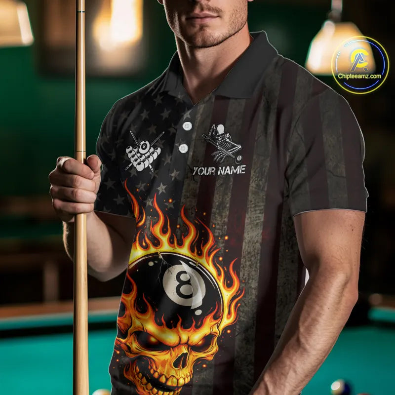 Vintage American Flag Skull Flame Billiard Shirt For Men Custom Patriotic 8 Ball Pool Team Jersey TDM5545