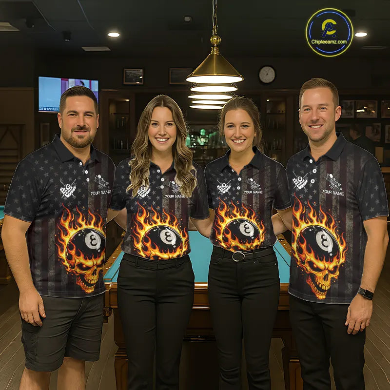 Vintage American Flag Skull Flame Billiard Shirt For Women Custom Patriotic 8 Ball Pool Team Jersey TDM5545