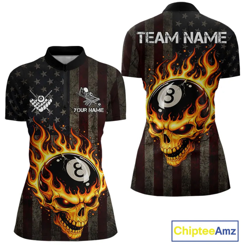 Vintage American Flag Skull Flame Billiard Shirt For Women Custom Patriotic 8 Ball Pool Team Jersey TDM5545