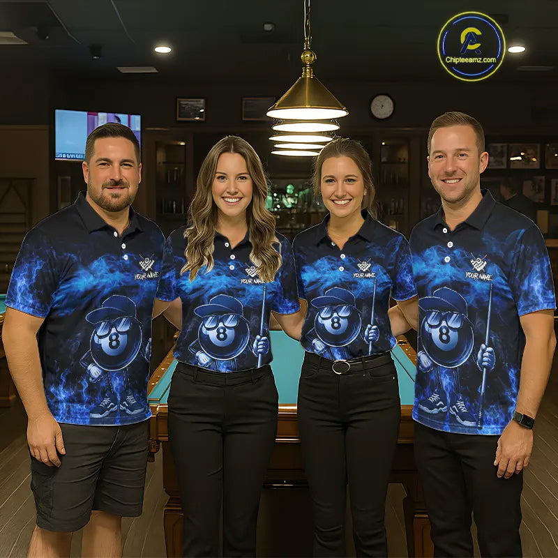 Blue Funny 8 Ball Pool Flame Smoke Billiard Shirt For Women Custom Billiard Team Jersey Uniform TDM5546