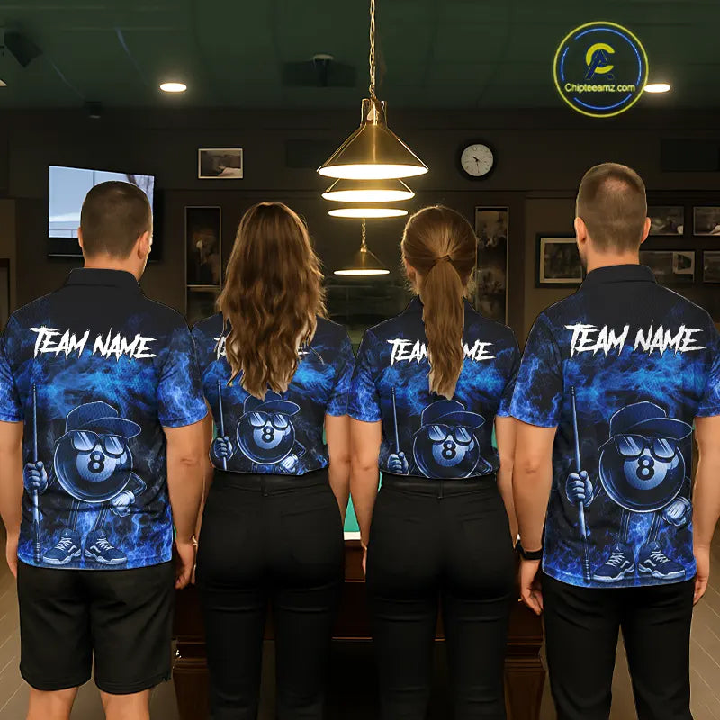 Blue Funny 8 Ball Pool Flame Smoke Billiard Shirt For Women Custom Billiard Team Jersey Uniform TDM5546