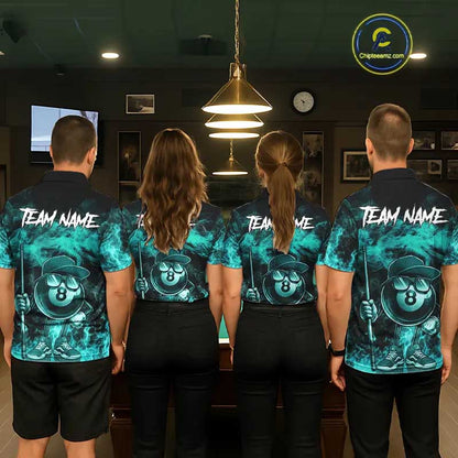 Turquoise Funny 8 Ball Pool Flame Smoke Billiard Shirt For Women Custom Billiard Team Jersey  TDM5547