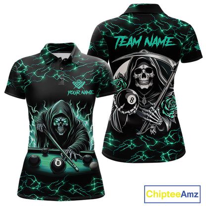 Turquoise Funny Grim Reaper Roses 8 Ball Pool Women Billiard Shirts Custom Thunder Billiard Jersey TDM3630