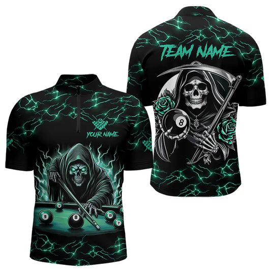 Turquoise Funny Grim Reaper Roses 8 Ball Pool Men Billiard Shirts Custom Thunder Billiard Jersey TDM3630