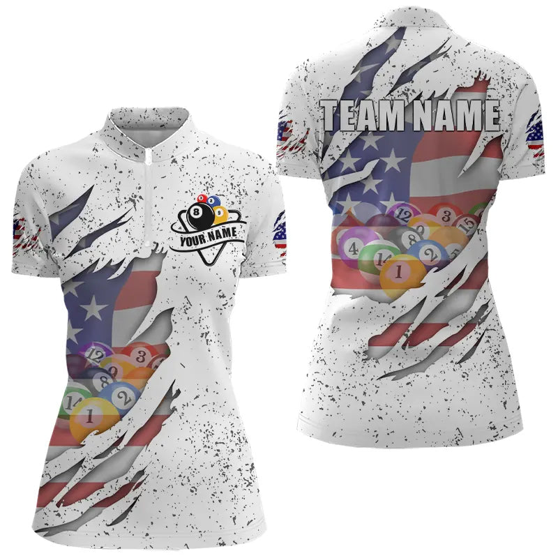Personalized Grunge White American Flag Billiard Shirts For Women Custom 8 Ball Pool Billiard Jersey TDM3635