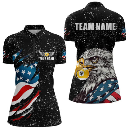 Black Grunge Eagle American Flag Custom 9 Ball Pool Women's Billiard Shirts, Billiard Team Jerseys TDM3779