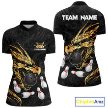 Load image into Gallery viewer, Black And Gold Custom Dragon Bowling Shirt For Women, Bowling Team Jersey Polo &amp; Quarter Zip TDM6165
