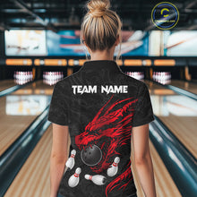 Load image into Gallery viewer, Black And Red Custom Dragon Bowling Shirt For Women, Bowling Team Jersey Polo &amp; Quarter Zip TDM6166