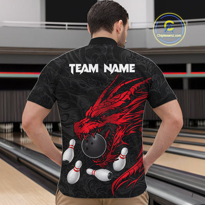 Black And Red Custom Dragon Bowling Shirt For Men, Bowling Team Jersey Polo & Quarter Zip TDM6166