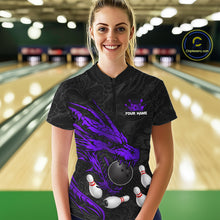 Load image into Gallery viewer, Black And Purple Custom Dragon Bowling Shirt For Women, Bowling Team Jersey Polo &amp; Quarter Zip TDM6167