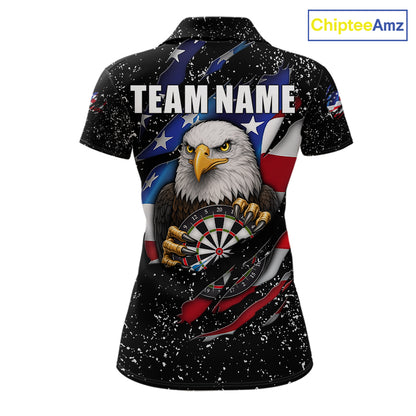 Custom Eagle Darts Jersey For Women, Black Grunge American Flag Patriotic Darts Shirt Polo & 1/4 Zip TDM6405