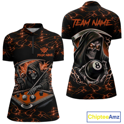 Orange Funny Grim Reaper 8 Ball Pool Women Billiard Shirts Custom Name Lightning Billiard Jerseys TDM2828