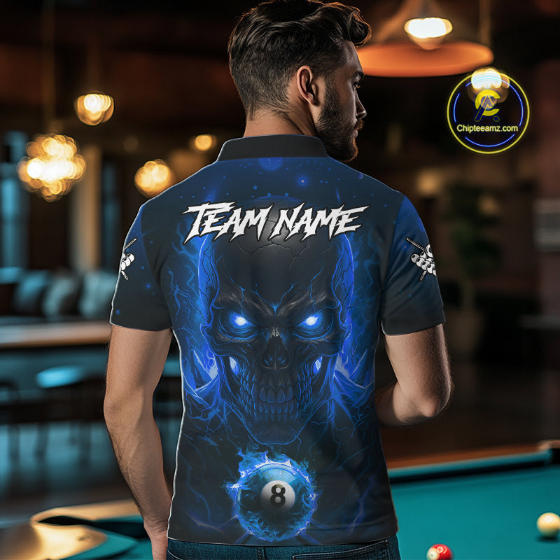 Personalized Blue Billiard Skull Fire 8 Ball Pool Shirt For Men Custom Billiard Team Jersey TDM5079