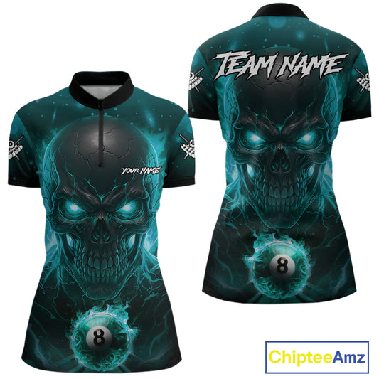 Personalized Turquoise Billiard Skull Fire 8 Ball Pool Shirt For Women Custom Billiard Team Jersey TDM5080