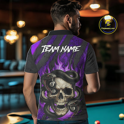 Personalized Skull And Snakes Flame Billiard Shirt For Men Custom 8 Ball Pool Team Jersey |Purple TDM5086