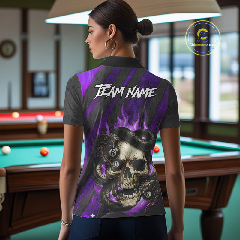 Personalized Skull And Snakes Flame Billiard Shirt For Women Custom 8 Ball Pool Team Jersey |Purple TDM5086