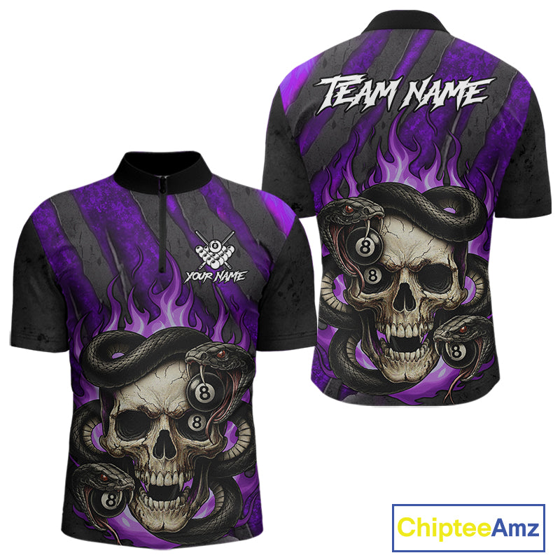 Personalized Skull And Snakes Flame Billiard Shirt For Men Custom 8 Ball Pool Team Jersey |Purple TDM5086