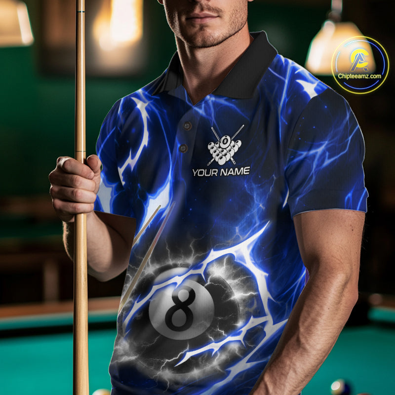 Blue 8 Ball Thunder Lightning Billiard Shirt For Men Custom Pool Team Jersey Polo & Quarter Zip TDM6170