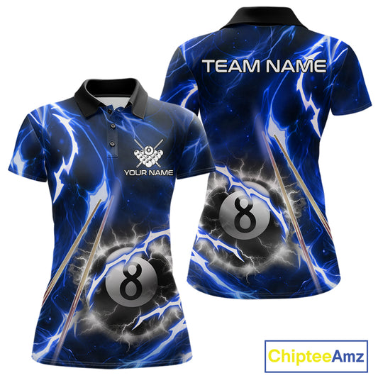 Blue 8 Ball Thunder Lightning Billiard Shirt For Women Custom Pool Team Jersey Polo & Quarter Zip TDM6170