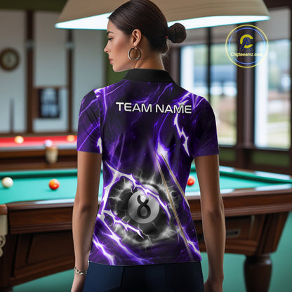 Purple 8 Ball Thunder Lightning Billiard Shirt For Women Custom Pool Team Jersey Polo & Quarter Zip TDM6171
