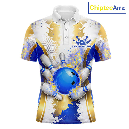 Bowling Ball Splatter Custom White, Blue & Gold Men's Bowling Shirt, Bowling Jersey Polo & 1/4 Zip TDM6178