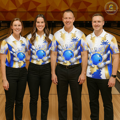 Bowling Ball Splatter Custom White, Blue & Gold Women's Bowling Shirt, Bowling Jersey Polo & 1/4 Zip TDM6178