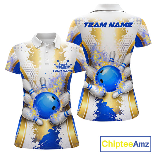 Bowling Ball Splatter Custom White, Blue & Gold Women's Bowling Shirt, Bowling Jersey Polo & 1/4 Zip TDM6178