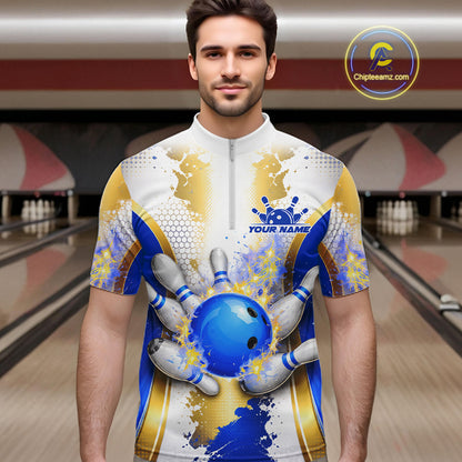 Bowling Ball Splatter Custom White, Blue & Gold Men's Bowling Shirt, Bowling Jersey Polo & 1/4 Zip TDM6178