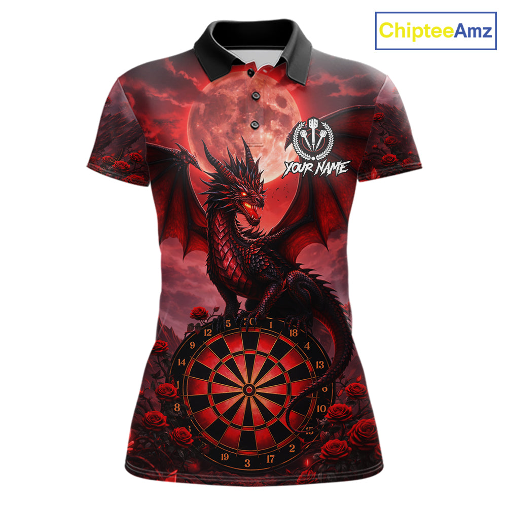 Black And Red Dartboard Roses And Dragon Darts Polo & 1/4 Zip Custom Women's Darts Team Jersey TDM5802