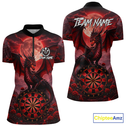 Black And Red Dartboard Roses And Dragon Darts Polo & 1/4 Zip Custom Women's Darts Team Jersey TDM5802