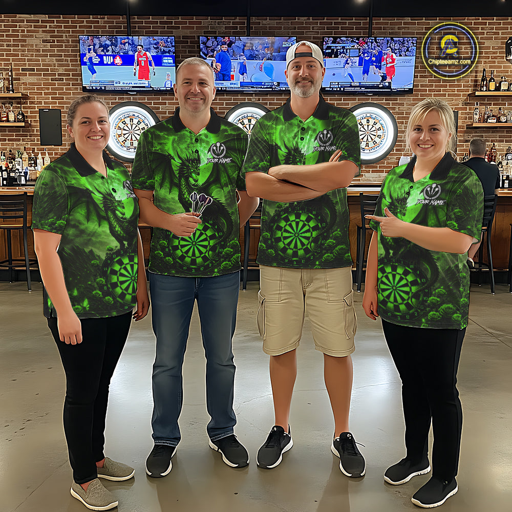 Black And Green Dartboard Roses And Dragon Darts Polo & 1/4 Zip Custom Men's Darts Team Jersey TDM5804