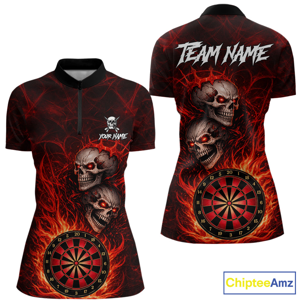 Personalized Red Flaming Skull Darts Polo & 1/4 Zip For Women Custom Fire Darts Team Jersey TDM5806